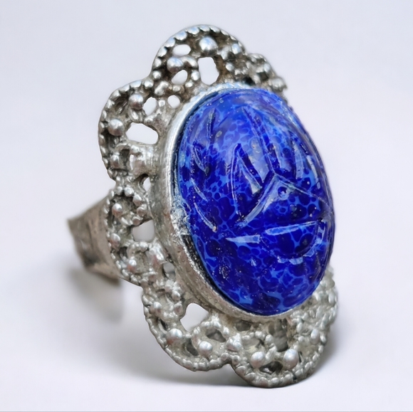 Vintage ornate lapis lazuli scarab ring - Picture 2 of 9